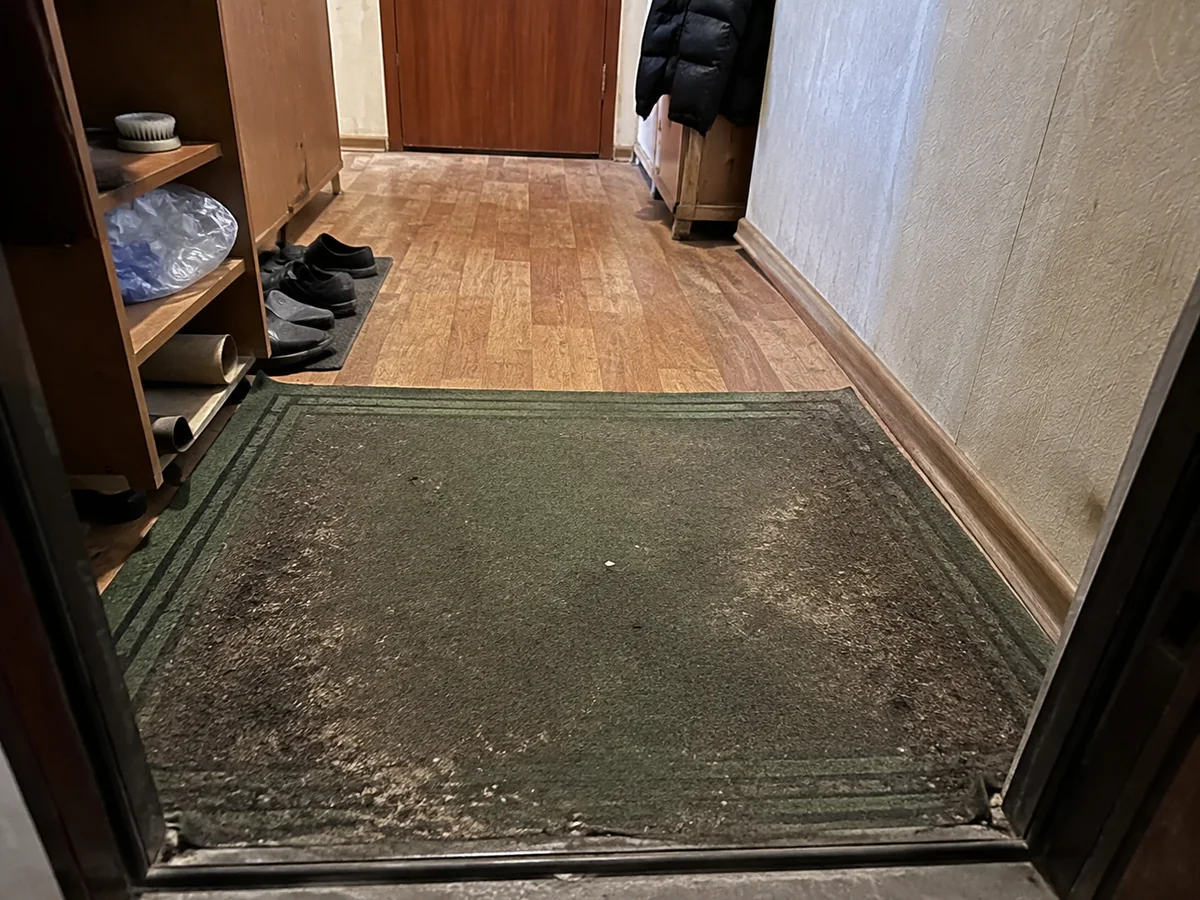 Тёмно-зелёный коврик, грязь с улицы — до химчистки